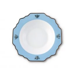 Vagabond House Garden Friends Bee Bone China Soup Plate Blue With Gold Rim