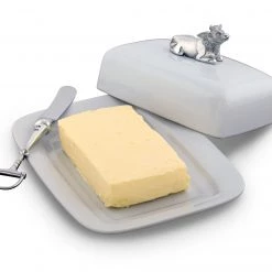 Vagabond House Garden Friends Stoneware Butter Dish With Pewter Mabel The Cow