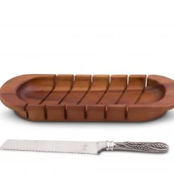 Vagabond House Oval Bread Board With Pewter Wheat Knife Bread Trays