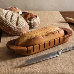 Vagabond House Oval Bread Board With Pewter Wheat Knife Bread Trays
