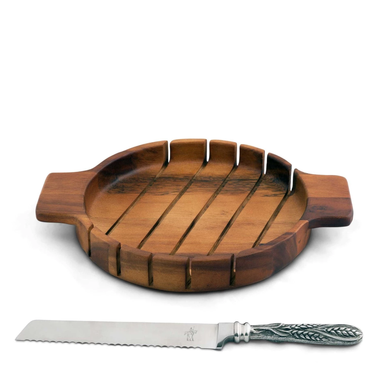 Vagabond House Round Bread Board With Pewter Wheat Knife 1 Vagabond House Round Bread Board With Pewter Wheat Knife