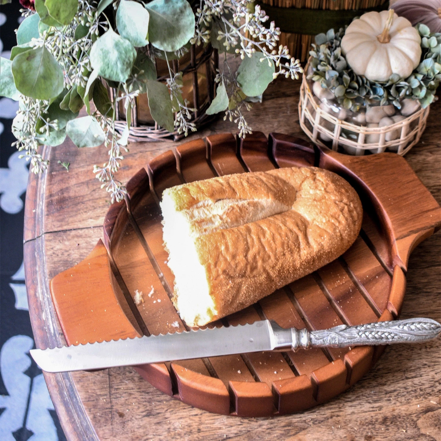 Vagabond House Round Bread Board With Pewter Wheat Knife 2 Vagabond House Round Bread Board With Pewter Wheat Knife
