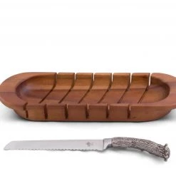 Vagabond House Bread Trays Oval Bread Board With Antler Knife