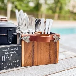 Vagabond House Acorn Oak Leaf Flatware Caddy - Square Box Wood Majestic Forest