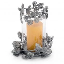 Vagabond House Pewter Pine Cones Pillar Hurricane Centerpiece Candlesticks & Candle Snuffers