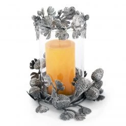 Vagabond House Pewter Pine Cones Pillar Hurricane Centerpiece Candlesticks & Candle Snuffers