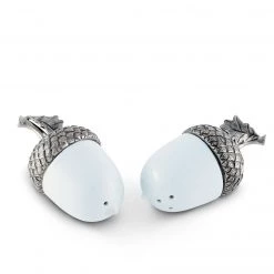 Vagabond House Majestic Forest Porcelain Acorn Salt And Pepper With Pewter Leaf