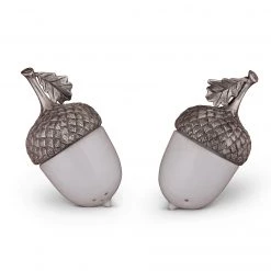 Vagabond House Majestic Forest Porcelain Acorn Salt And Pepper With Pewter Leaf