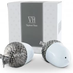 Vagabond House Majestic Forest Porcelain Acorn Salt And Pepper With Pewter Leaf