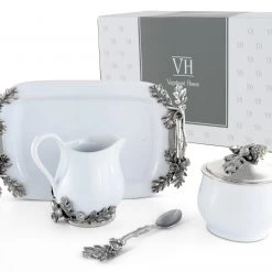 Vagabond House Stoneware Creamer Set - Pewter Acorn & Oak Leaf Majestic Forest