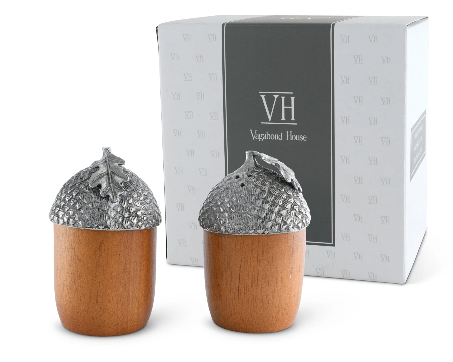Vagabond House Wood And Pewter Acorns Salt & Pepper Set 4 Vagabond House Wood And Pewter Acorns Salt & Pepper Set