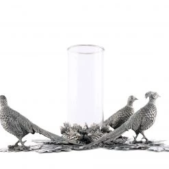 Vagabond House Pewter Pheasants Pillar Hurricane Centerpiece Morning Hunt