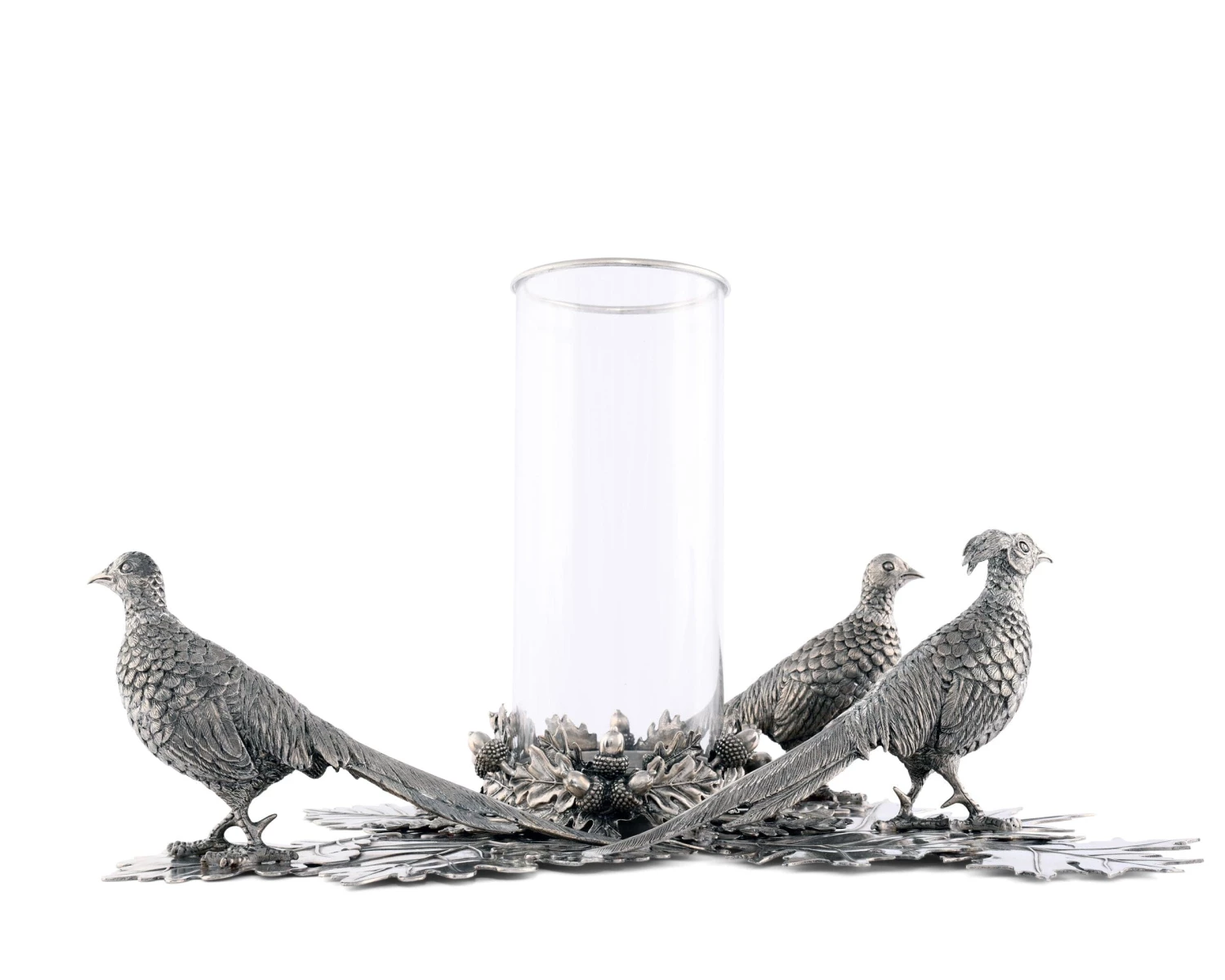 Vagabond House Pewter Pheasants Pillar Hurricane Centerpiece Morning Hunt 1 Vagabond House Pewter Pheasants Pillar Hurricane Centerpiece Morning Hunt