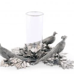 Vagabond House Pewter Pheasants Pillar Hurricane Centerpiece Morning Hunt