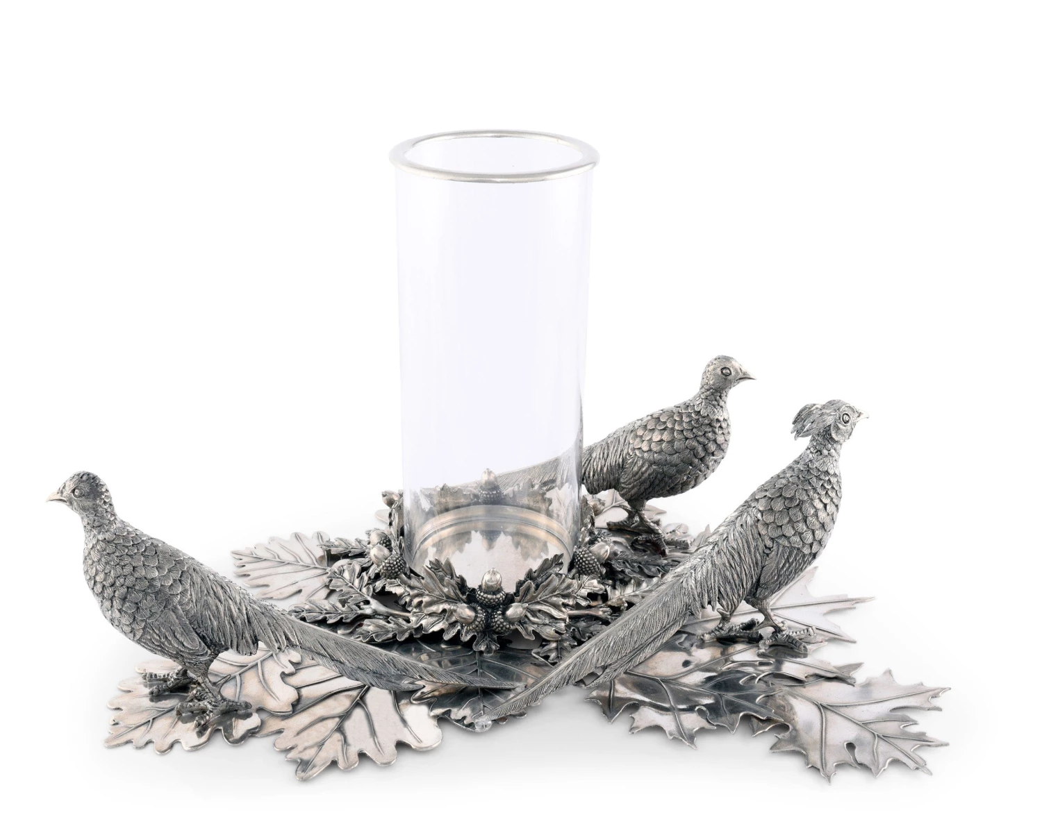 Vagabond House Pewter Pheasants Pillar Hurricane Centerpiece Morning Hunt 2 Vagabond House Pewter Pheasants Pillar Hurricane Centerpiece Morning Hunt