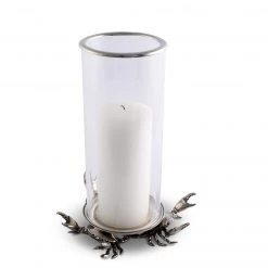 Vagabond House Crab Glass & Pewter Pillar Hurricane Centerpiece Sea And Shore