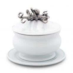 Vagabond House Octopus Stoneware Covered Bowl Sea And Shore