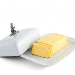 Vagabond House Stoneware Butter Dish + Pewter Song Bird
