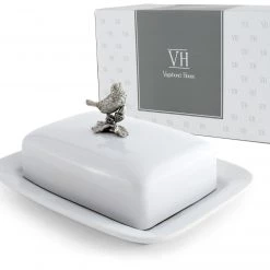 Vagabond House Stoneware Butter Dish + Pewter Song Bird