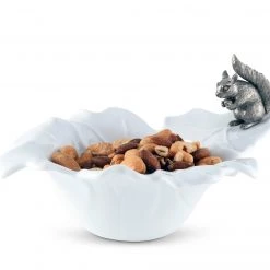 Vagabond House Woodland Creatures Fine Porcelain Leaf Bowl With Pewter Squirrel