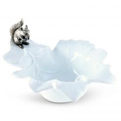 Vagabond House Woodland Creatures Fine Porcelain Leaf Bowl With Pewter Squirrel